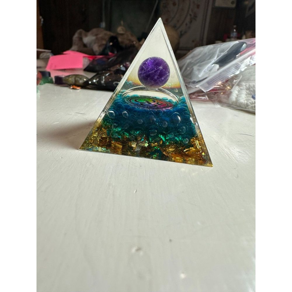 Orgone pyramid with amethyst ball